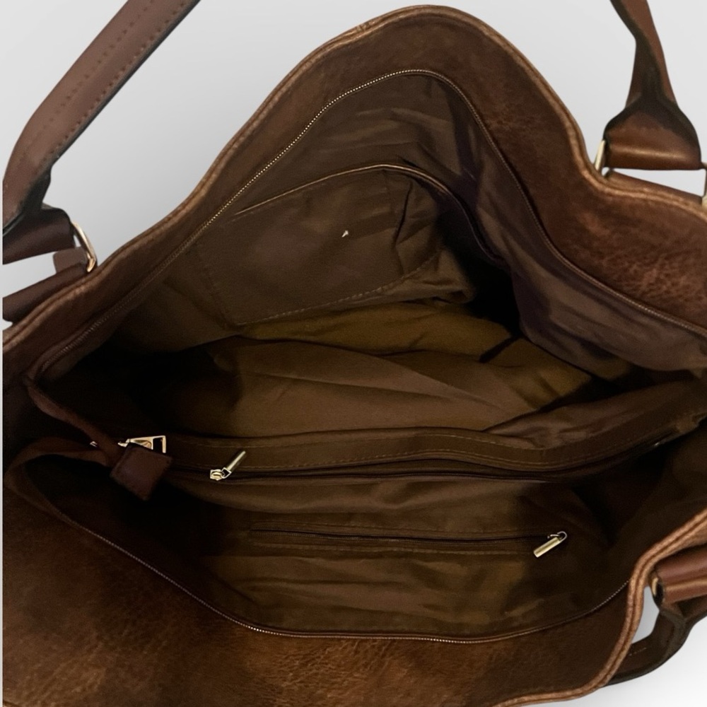 Large Brown Faux Leather Handbag 9X13 Multi-Compartment Tote Zippers - Picture 5 of 6